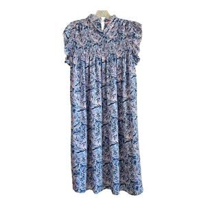 SIMPLY SOUTHERN Women's XL Shift Dress Floral Blue Pink Smocked High Ruffle Neck